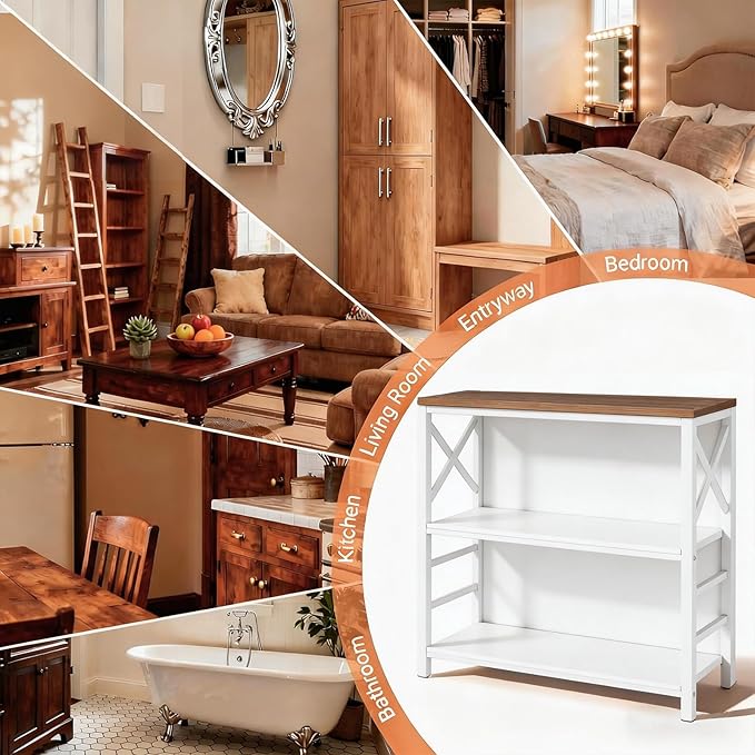 MNEETRUNG Book Shelf, Small 3-Tier Industrial Bookshelf with Strong Metal Frame & Backboard, 29.5" Short Bookcase for Small Spaces, Living Room, Bedroom and Home Office, White