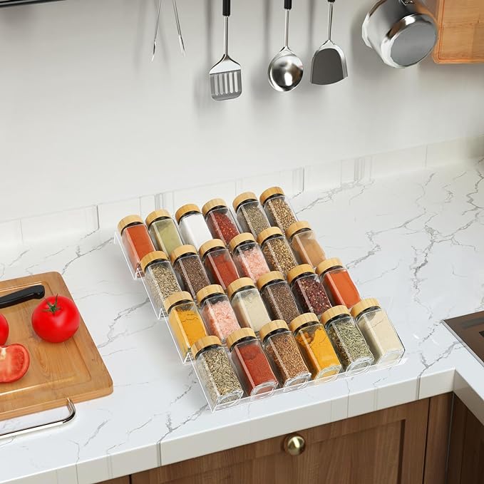 Spice Drawer Organizer 4 Tier, Acrylic Seasoning Organizer Rack, Large | Clear Spice Rack Tray, Kitchen Seasoning Jars Drawers Insert (Jars Not Included/ Expandable From 13" to 26")