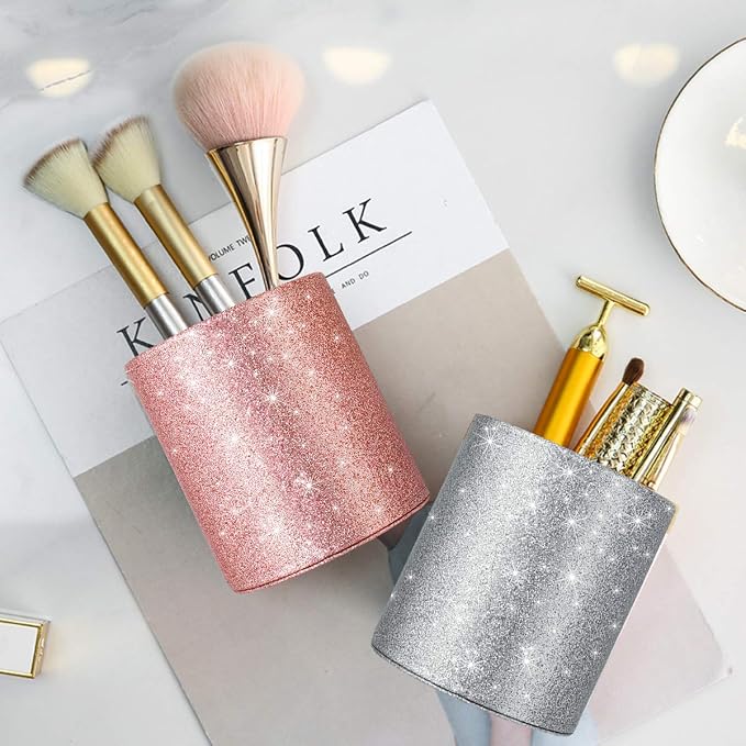 Glitter Pen Holder, Pencil Cup Desk Sparky Bling for Women Girls, Luxury Durable Makeup Brush Holder Large Pu Leather Multi-Functional Organizer Cup for Office, Classroom, Home, Silver