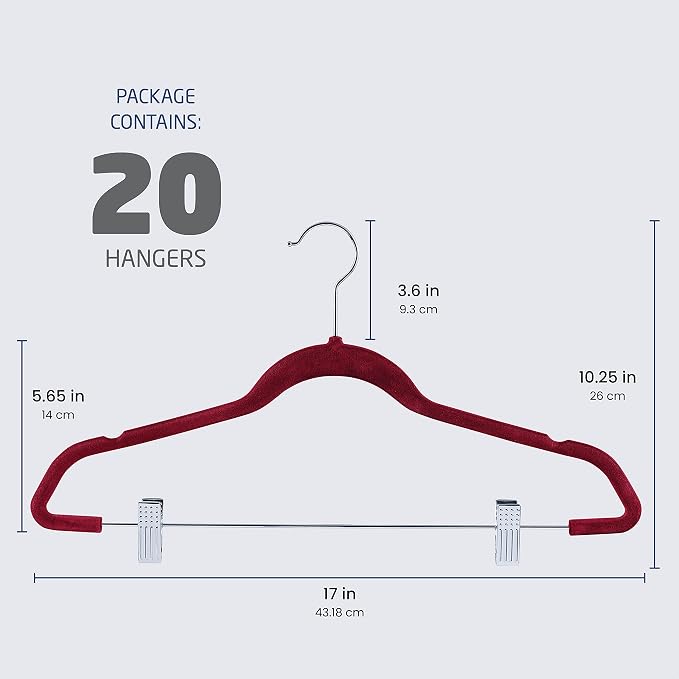 Zober Velvet Hangers with Clips - 20 Piece Set for Pants, Skirts, Suits, Dresses & Shirts - Notched Burgundy Velvet, Non Slip Felt, 360 Degree Hook