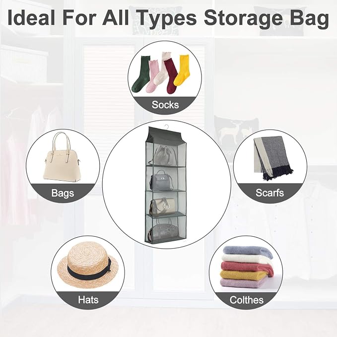 Closet Handbag Purse Holder, Space Saving Hanging Handbag Storage Tote Bag Organizer Holder with 4 Large Heavy-Duty Mesh Shelves for Wardrobe Closet(Pack of 2 Gray)