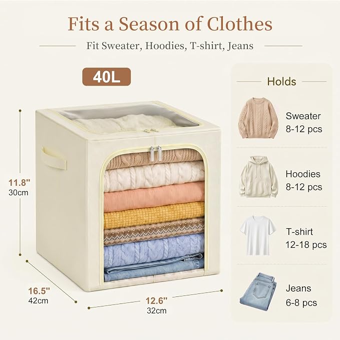GoMaihe Clothes Storage Bins with Metal Frame Beige 40L 6-Pack | Stackable, Clear Window, Duable Zipper, For Sweater Jeans Hoodies T-shirt , For Top Shelf Closet Organizer
