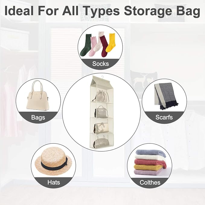 Closet Handbag Purse Holder, Space Saving Hanging Handbag Storage Tote Bag Organizer Holder with 4 Large Heavy-Duty Mesh Shelves for Wardrobe Closet(Pack of 2 Beige)