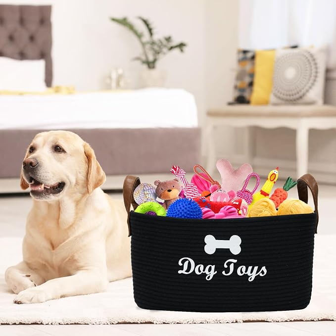 Geyecete X-Large Cotton Rope Dog Basket with Leather handle Blanket Storage Basket Decorative Clothes Hamper Basket | Extra Large Baskets for Blankets or Laundry-Black