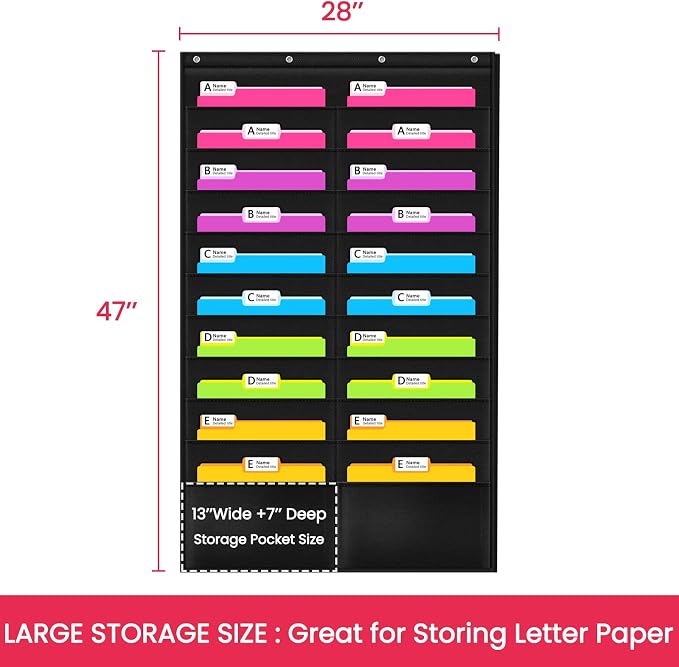 Folder Pocket Chart (Black), Cascading Wall Organizer for School, Classroom, Home or Office Use, 20 Pocket Chart Hanging Wall Organizer with 4 Hangers