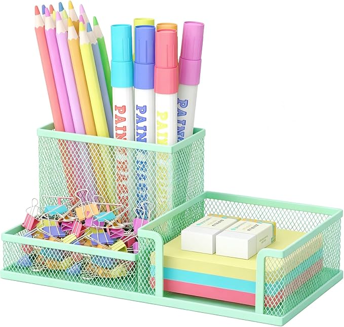 SUPEASY Pen Holder Desk Organizer, Office Supplies Pencil Holder with 3 Compartments, Desk Accessories and Workspace Organizers for Home School Classroom, Green