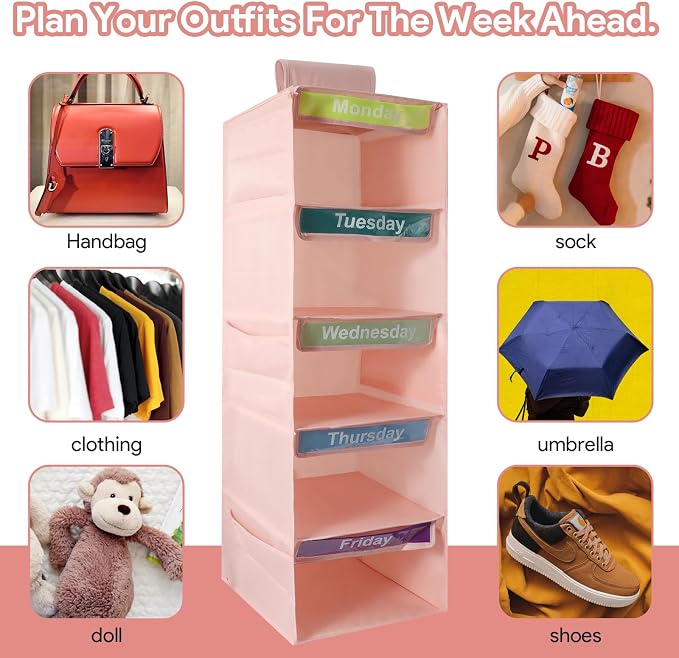 5 Shelf Days of The Week Clothes Organizer for Kids Weekly Outfits(Pink) | Weekly Clothes Organizer Monday Through Friday, Daily Hanging Closet Storage Shelves with 6 Side Pockets for Dorm Room