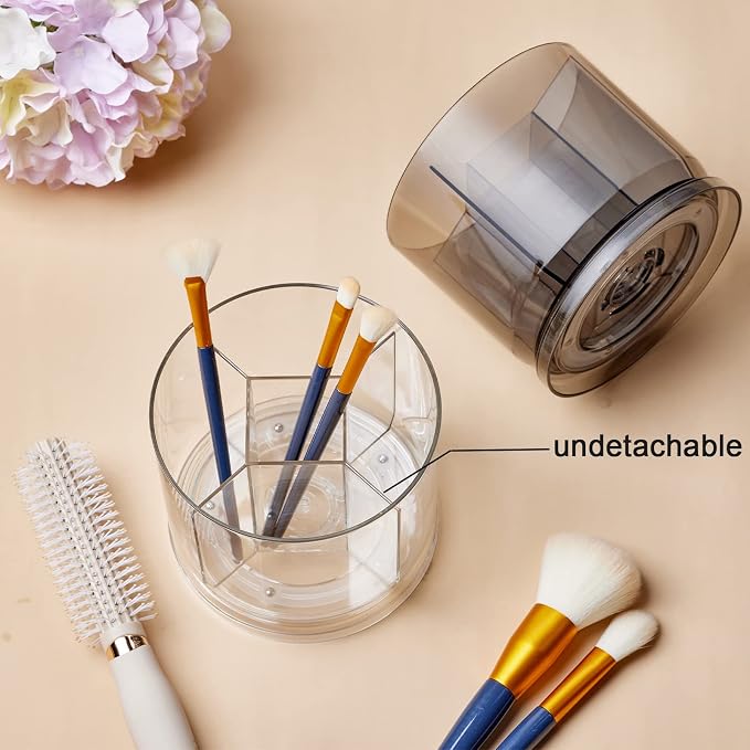 Makeup Brush Holder Organizer, Rotating Makeup Organizer for Vanity | Rotating 360° Clear Storage Cup Containers, Spinning Pen Holder for Desk, Round Make up Brush Stand with 5 Slots (Grey)