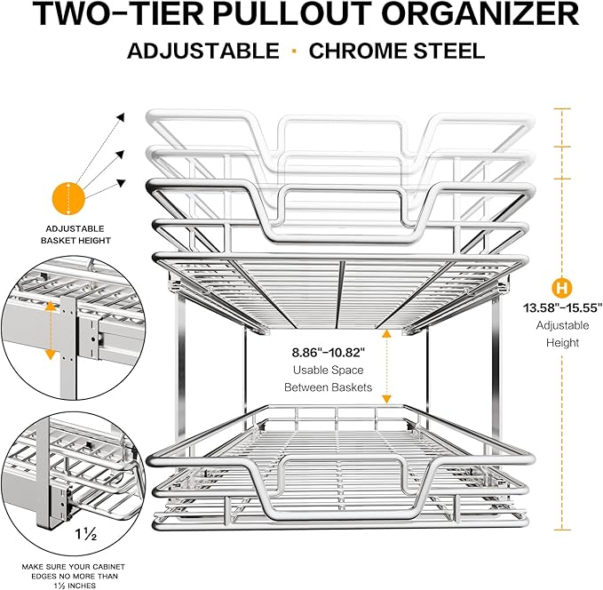 2-Tier Kitchen Cabinet Pull Out Shelf and Drawer Organizer Slide Out Pantry Storaqe Basket in Multiple Sizes (20" Wx 21" D,)