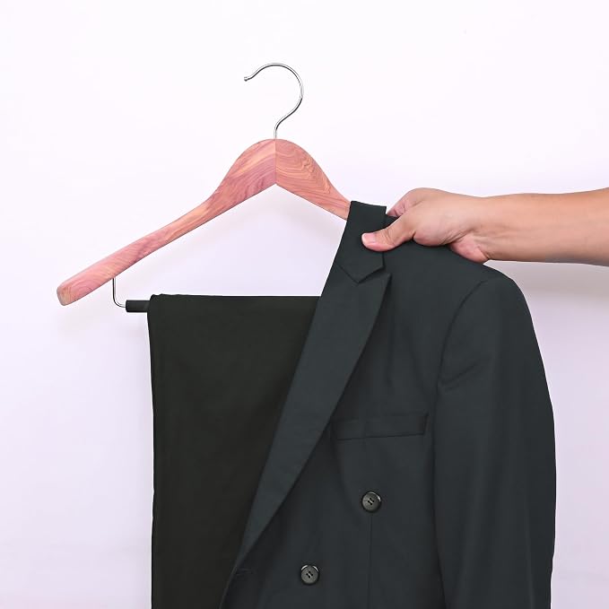 8 Pack Unfinished American Red Cedar Wooden Coat Suit Hangers with Extra Wide Shoulder, Wood Jacket Clothes Hanger with Non Slip Black Padded Pant Bar- 360°Flexible Hook, Natural