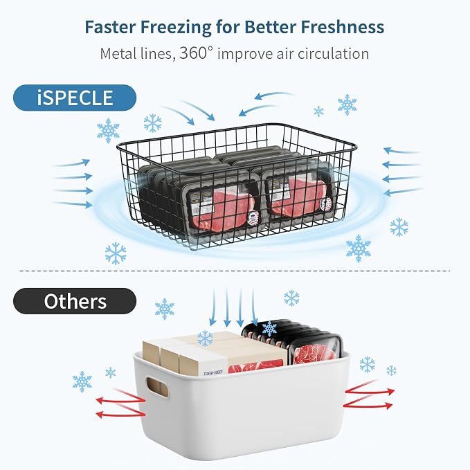 iSPECLE Freezer Organizer Bins - 4 Pack Upright Freezer Baskets for 16/17/21 Cu.Ft Stand Up Freezer, Wire Storage Slide-Out Access, Prevents Items Falling, 2 Large and 2 Medium, Black