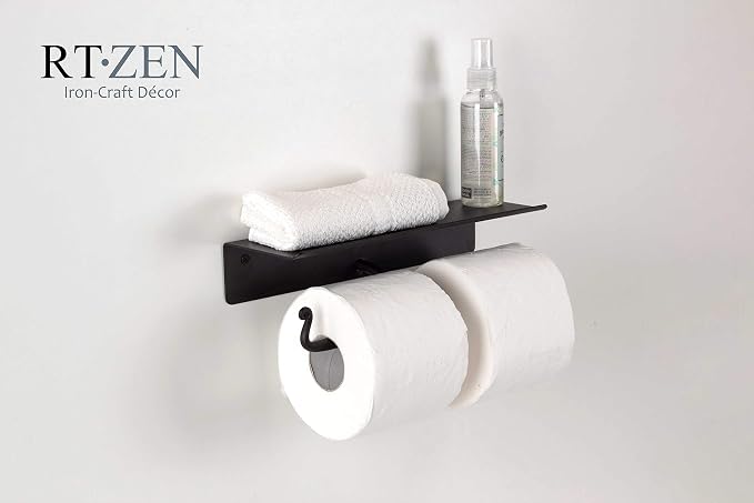 RTZEN Bathroom Toilet Paper Holder with Shelf - Handcrafted Rustic Wrought Iron Wall Decor Toilet Roll Holder - Black Matte Wall Mount Bar for Modern Farmhouse Bathroom Decor