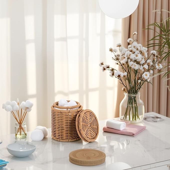 Rattan Q-tip Holder with Lid, Cotton Swab Canister for Bathroom | Large storage capacity for floss picks & makeup pads,Handcrafted rattan texture elevates bathroom decor