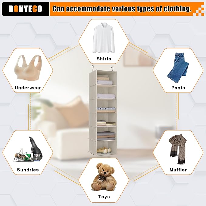 Hanging Closet Organizer 6-Tier, Oxford Wardrobe Storage, Beige Houndstooth | Easy-mount foldable design holds clothes, handbags, shoes & accessories; washable Oxford fabric, sturdy and space-saving.