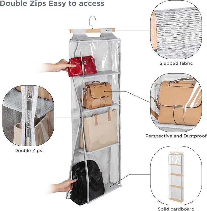 Syeeiex Hanging Handbag Purse Organizer with Zippers, Clear Slubbed Fabric+PVC Hanging Closet Bag Organizer, 4 Mesh Shelves,Dustproof Handbag Closet Tote Storage Bag for Door, Wardrobe, Shelf Rack