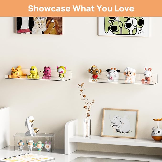 upsimples 2 Pcs 15" Acrylic Shelves for Wall Display and Storage, Clear | Transparent Design Highlights Skincare, Perfume, Easy-to-Find Versatile Floating Shelves for Bathroom, Bedroom and Playroom