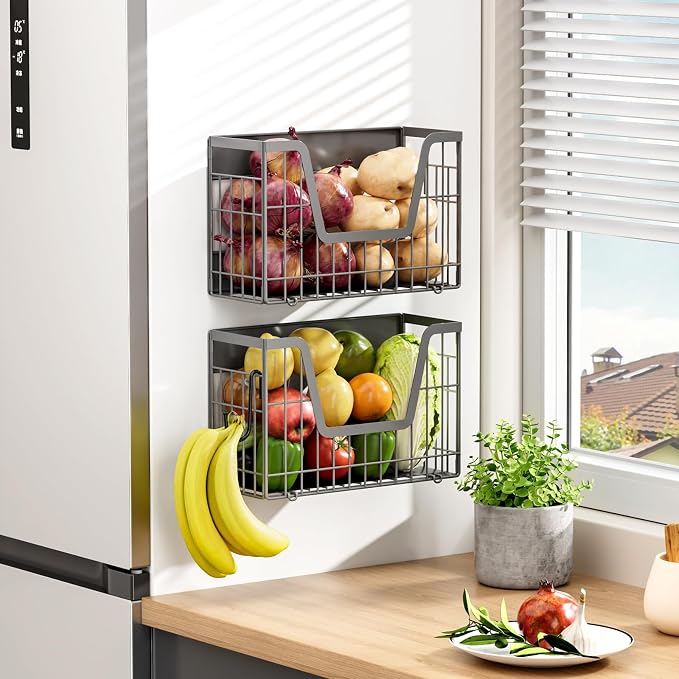 Grey Magnetic Shelf for Fridge, 2 Set Potato and Onion Storage Bins, Magnetic Fruit Basket for Fridge Pantry Organizers & Storage, Magnetic Spice Rack for Refrigerator Kitchen Counter Cabinet