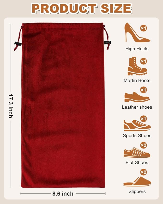 2 Pcs Single Shoe Bags for Travel, Dust Velvet Bag, Rio Red, 17.3x8.6 Inch | Washable & Reusable Travel Shoe Bags, Dustproof Shoe Bags with Drawstring Closure, Suitable for Travel, Home Storage