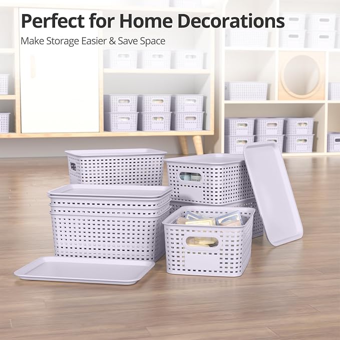 Plastic Storage Basket with Lid, Stackable Small Box Bins for Organizing and Containers for Shelves Drawers Desktop Closet Playroom Pantry Classroom Office Home, 8 Pack 10.2"x7.2"x4.1" Lavender