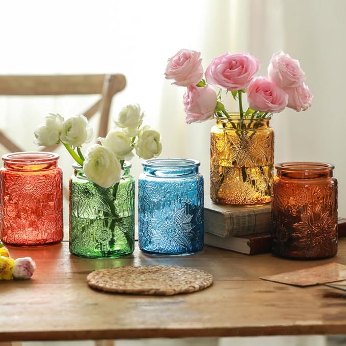ANSQU 4-Pack Vintage Glass Canisters, 23.7 Fl oz Candy Jars with Lids, Vintage Colored Mason Jars for Kitchen Decorative Jar for Coffee Tea Candy Cookies, Cute Jars