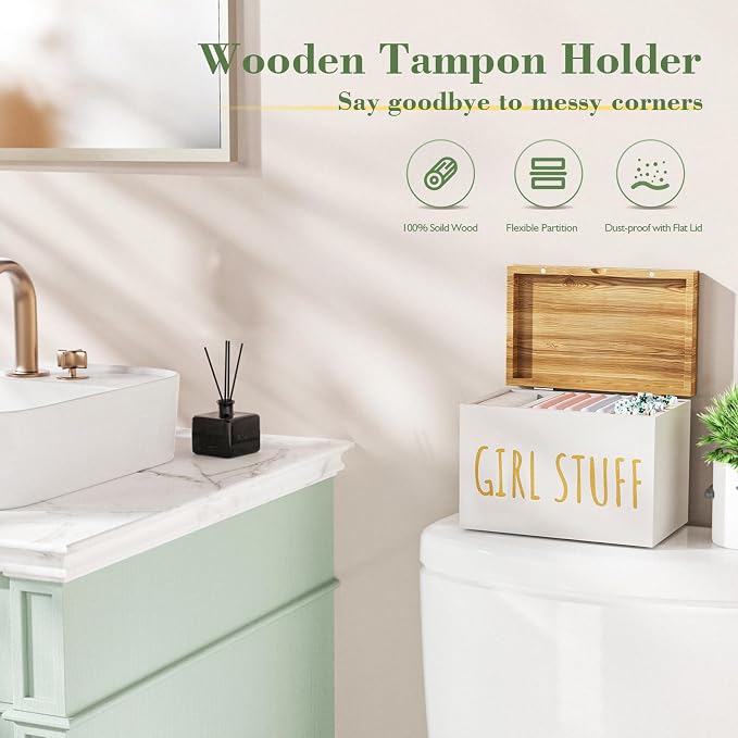 Tampon Holder for Bathroom with Hinged Lid, Feminine Product Organizer, Bathroom Period Products, Toilet Organizer, Bathroom Accessories Box for Girl Stuff (White)