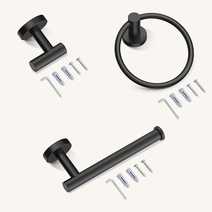 FORIOUS 4 Piece Bathroom Accessories, SUS304 Stainless Steel Toilet Paper Holder, Towel Ring and 2 Towel Hooks, Wall Mounted Bathroom Hardware Set (Matte Black)