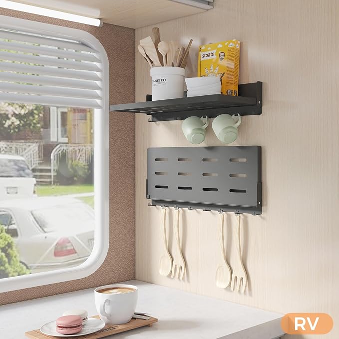 Folding Metal Shelf with Hooks, Wall Mounted Laundry Room Shelf, 8 Hooks & 90° Fold Up, Fold-Down for Rv, Bathroom, Kitchen, Garage, Space Saving, Small Space, Black(17.0", 1 Pack)