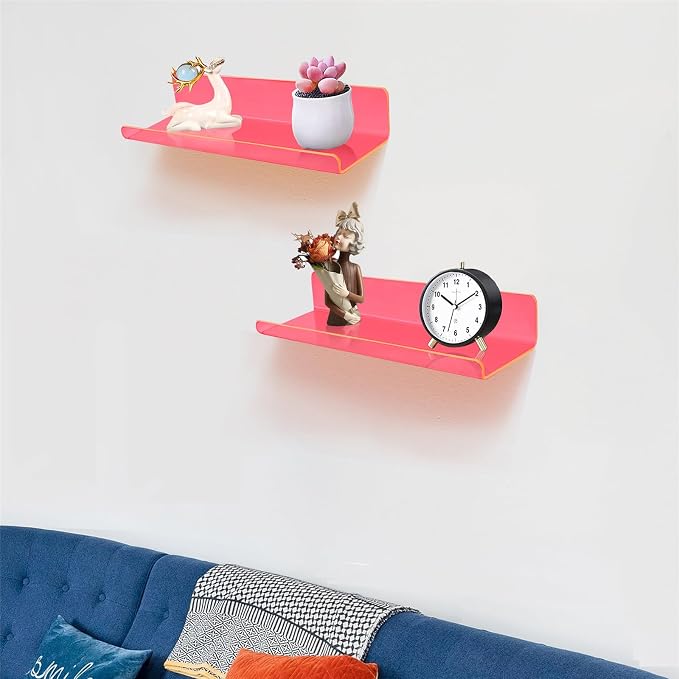 ROYALITA 2-Pack Small Acrylic Shelves Wall Mounted, 12 in Display Shelves | for Small Items, Plants, Room Decor Floating Wall Shelves for Gaming Room, Bedroom, Living Room, Office, Pink