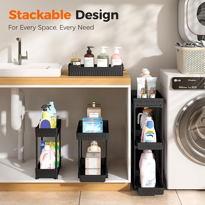 Sevenblue 3-Pack 2-Tier Under Sink Organizers with Sliding Drawers | Multi-use kitchen & bathroom storage, 12.8 inch 2-Tier Sliding cabinet organizer, space-saving sliding drawer design.
