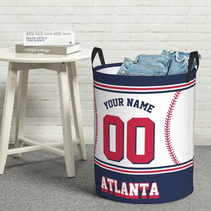 Custom Atlanta Laundry Hamper Personalized Laundry Basket Customized Name And Number Collapsible Storage Basket for Bedroom Bathroom Living Room Baseball Fan Gifts