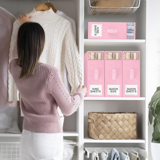 StorageTastic 2 Pack Bed Sheet Closet Organizers and Storage,Sturdy Foldable Storage Containers with Window and Label,Storage and Organization for Bedding Sheets,Duvet Covers,Blankets (Pink)
