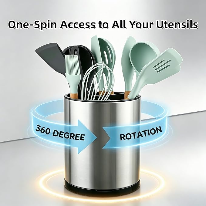 LIBODOUR Kitchen Utensil Holder Extra Large Rotating For Counter Organizer Stainless Steel Storage Cooking Silverware Caddy 3 Compartment Flatware Spoon Spatula Tool Cutlery Container(2 Set Silvery)
