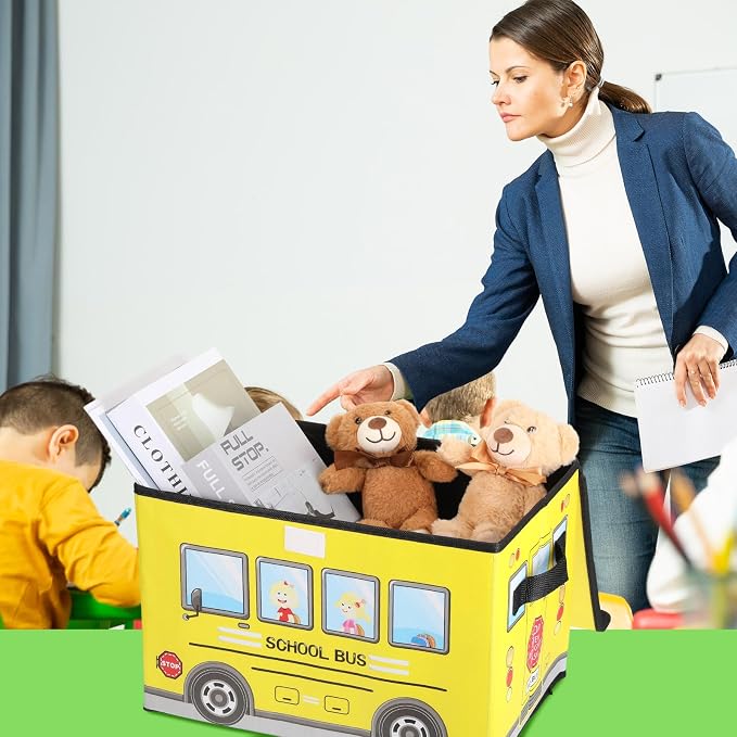 Sweetude 4 Pcs Prize Box for Classroom, School Bus Treasure Chest With Lid, Foldable Storage Organizer Bin for Kids, Teachers, Students - Toy Awards
