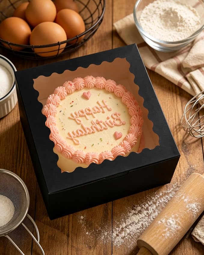 qiqee 10"x10"x5" Cake Box, 36 Sets Black Cake Box with Window & 36 Sets 10" Black Cake Round Boards, for Cake, Treat Cookie Dessert, Pastry, Birthday Party, Weddings
