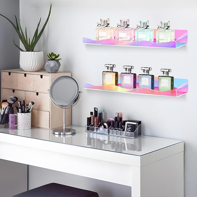 6 Pack Iridescent Acrylic Floating Shelves, 15.7" Clear Acrylic Display Shelves Bookshelf Wall Mounted, Bathroom Kids Room Home Storage Wall Decor Ledge Shelf for Skincare, Perfume, Nail Polish