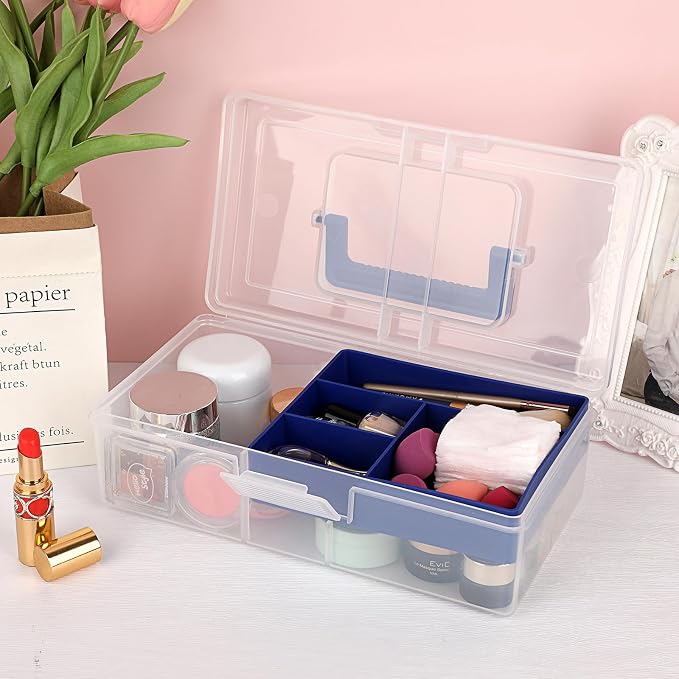 JUXYES Carry Craft Organizers Storage Box with Handle Lid and Diveded Tray | Clear Plastic Art Bin Sewing Storage Containers Tackle Box, 2 Layers Portable Storage Case for Craft, School Office Supplies
