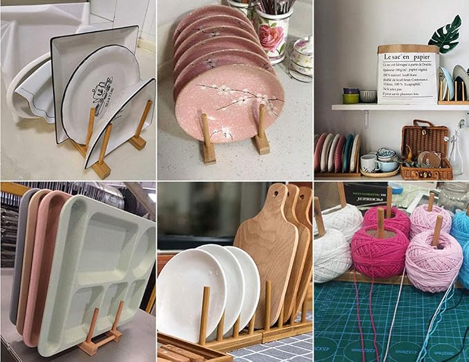 Lawei 4 Pack Bamboo Dish Drying Rack, Plate Rack Stand Pot Lid Holder, Dish Organizer Racks for Plates, Cups, Bowls, Cutting Board, Drying Rack Stand Drainer, Kitchen Cabinet Organizer