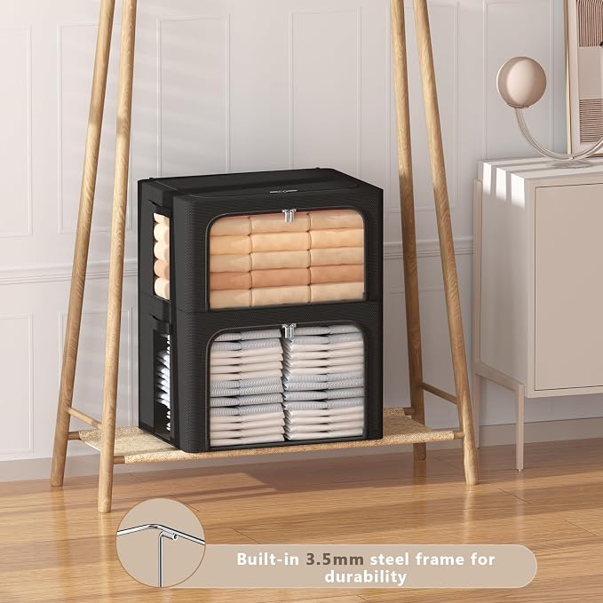 CYhom 3Pack Frame Storage Box - Clothes Storage Bin Bags Oxford Fabric Foldable Stackable Container Organizer Set with Clear Window & Carry Handles (Black, Large-66L)