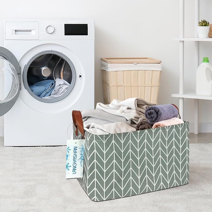 Rectangular Collapsible Grey Point Storage Basket Nursery Organizer | Storage Bin Foldable Canvas with Handles for Organizing Home Kitchen Children Toys Office Closet Shelf Baskets