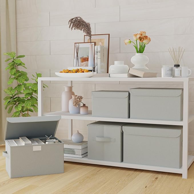 Storage Boxes, Clothes Bins with Lids, 2 Pack, Grey, 15x9.8x9.8 In | Closet Boxes with 2 Carrying Handles, Sturdy Heavy PP-board, Home Organizers Cubes with Cover for Organizing