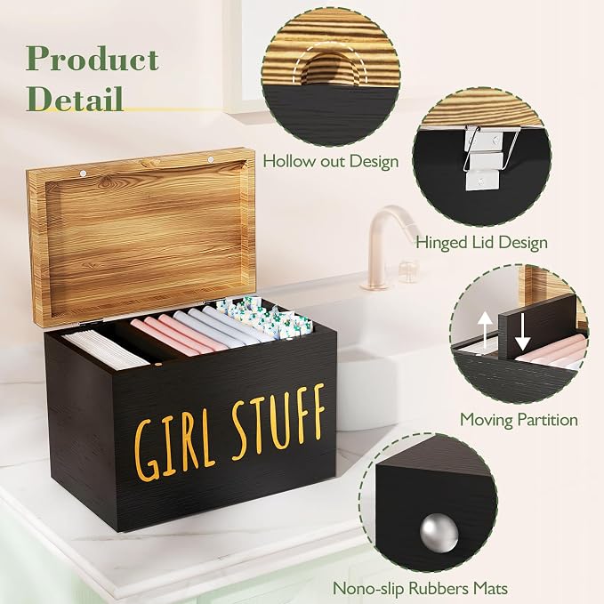 Tampon Holder for Bathroom with Hinged Lid, Feminine Product Organizer, Tampon Storage, Bathroom Period Products, Toilet Organizer, Bathroom Accessories Box for Girl Stuff (Black)