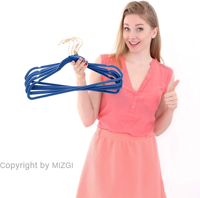 MIZGI Premium Velvet Hangers (50 Pack) Heavy Duty - Non Slip Felt Hangers - Velvet Suit Hangers Mediterranean Blue - Rose Gold Hooks,Space Saving Clothes Hangers