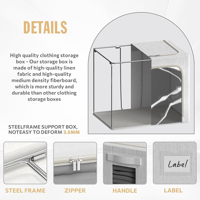 FHSQX 2 Pack Clear Window Storage Bins Large Stackable Linen Fabric Storage for Clothes Foldable Container Organizer Set with Carrying Handles (Lvory White, 19.7x 15.7x 12.6 Inch)