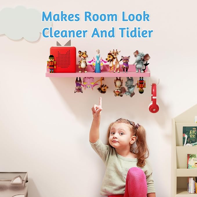 for Tonies Shelf Magnetic - 1 Tier Wooden Tonies Figure Organizer, Pink | Tonies Box Holder, Magnetic Display Shelf for Kids Room, Wall Floating Shelves Toy Storage Compatible Charging Station