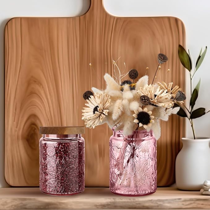 LemonRoad 2 Pcs Vintage Glass Storage Jars 23.67 oz Candy Jar Canister with Solid Wood Lids Food Storage Container for Kitchen, Ground Coffee, Tea, Sugar, Decorative Mason Cookie Jars (Pink)