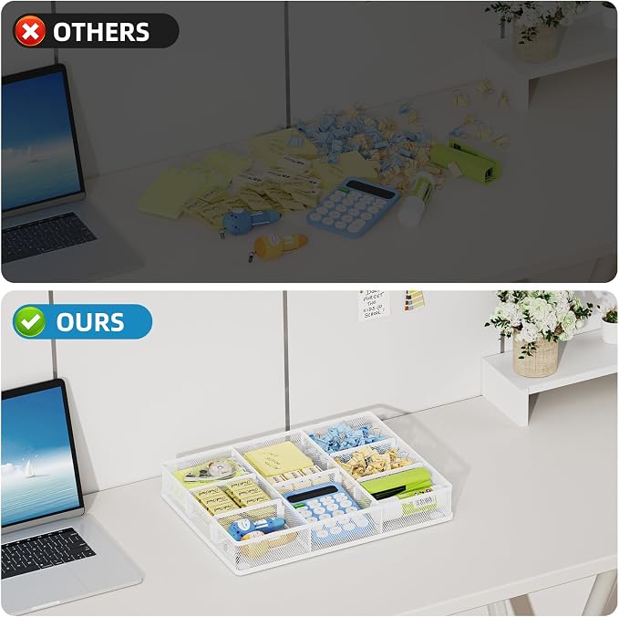 Marbrasse 2P Desk Drawer Organizer, Metal Mesh Drawer Organizer Tray with 5 Adjustable Compartments,Desk Organizers and Accessories for Home,Office,Kitchen,Makeup,Vanity (White)