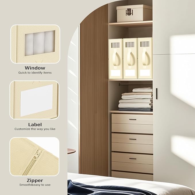 Foldable Bedding Organizer, Fabric Storage Bins for Bed Sheets, Duvet Covers and Pillowcases, Closet Organizer, Storage Container Boxes for Blankets, Clothes (4 pack(Queen or King), Beige)