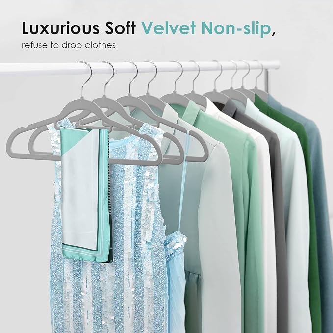 DUDUCOFU Velvet Hangers Non Slip Felt Hangers, 50 Pack Grey Velvet Clothes Hangers Space Saving Slim with 360 Degree Swivel Hook for Suits Coats, Jackets, Pants, and Dress Clothes
