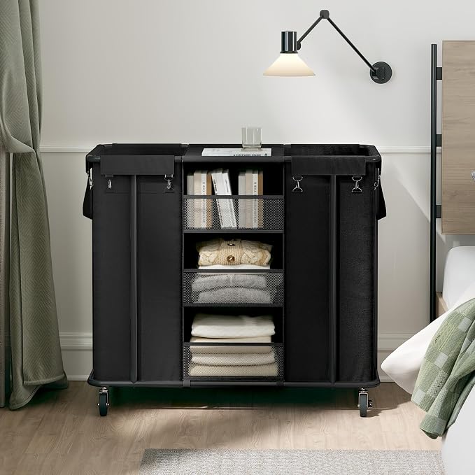 WOWLIVE Laundry Sorter 2 Section, 200L Rolling Laundry Hamper with Wheels | Laundry Cart with Steel Frame, Laundry Basket with Hanging and Removable Bag, Storage Unit Basket Organizer for Dorm, Black