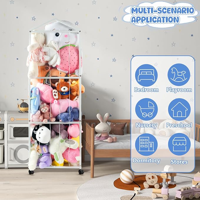 NomNest Stuffed Animal Storage Zoo – Large Metal Plushie Organizer Holds 50+ Toys, Heavy Duty Teddy Bear Toy Holder with Wheels for Bedroom, Playroom, Nursery (White)